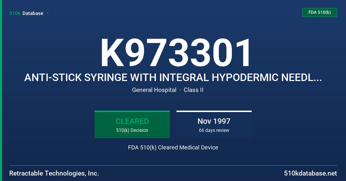 K973301 ANTI-STICK SYRINGE WITH INTEGRAL HYPODERMIC NEEDLE/VANISHPOINT SYRINGE FDA 510(k) Cleared Medical Device