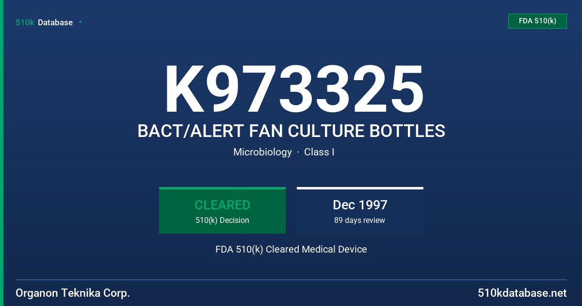 K973325 BACT/ALERT FAN CULTURE BOTTLES FDA 510(k) Cleared Medical Device