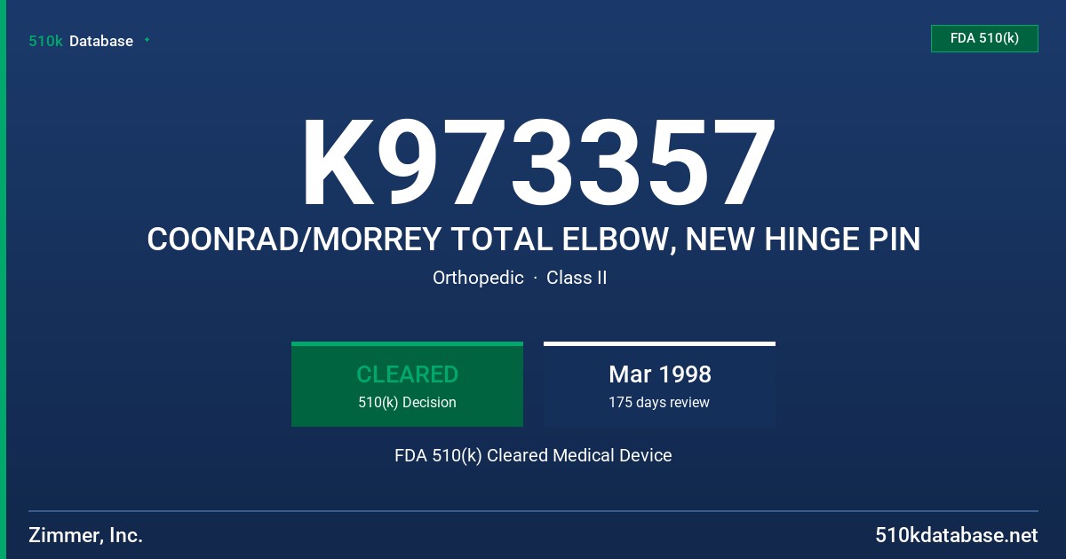 K973357 COONRAD/MORREY TOTAL ELBOW, NEW HINGE PIN FDA 510(k) Cleared Medical Device