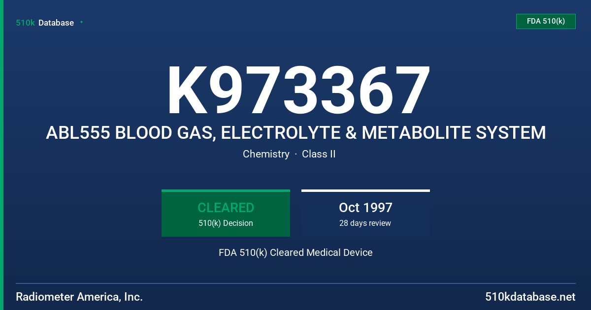 K973367 ABL555 BLOOD GAS, ELECTROLYTE & METABOLITE SYSTEM FDA 510(k) Cleared Medical Device