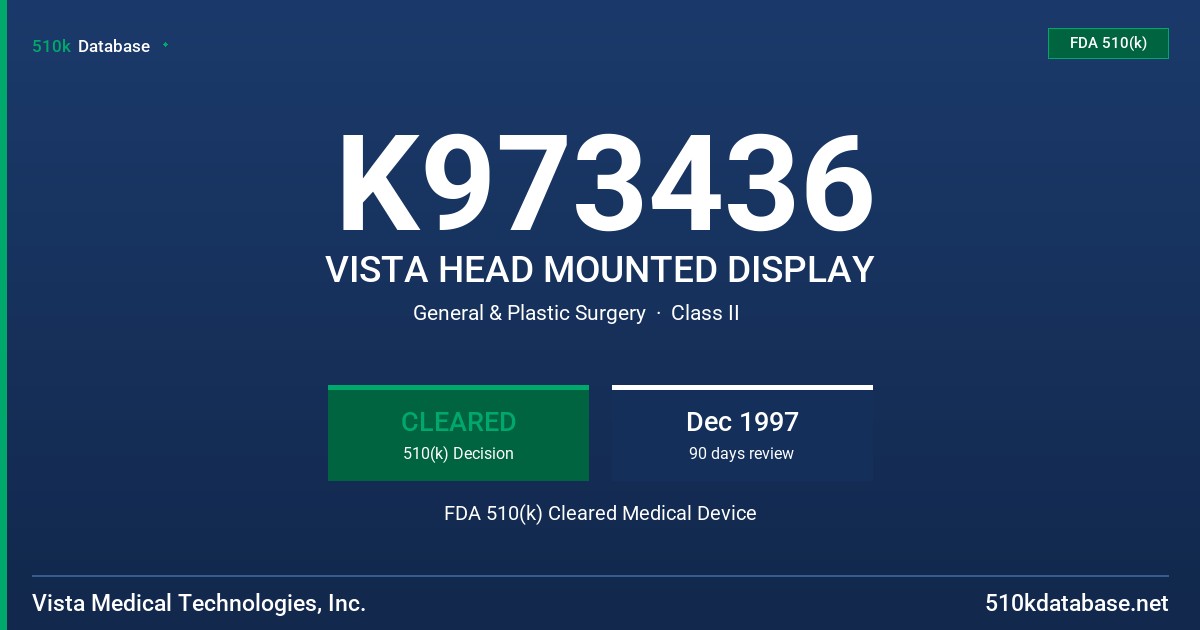K973436 VISTA HEAD MOUNTED DISPLAY FDA 510(k) Cleared Medical Device