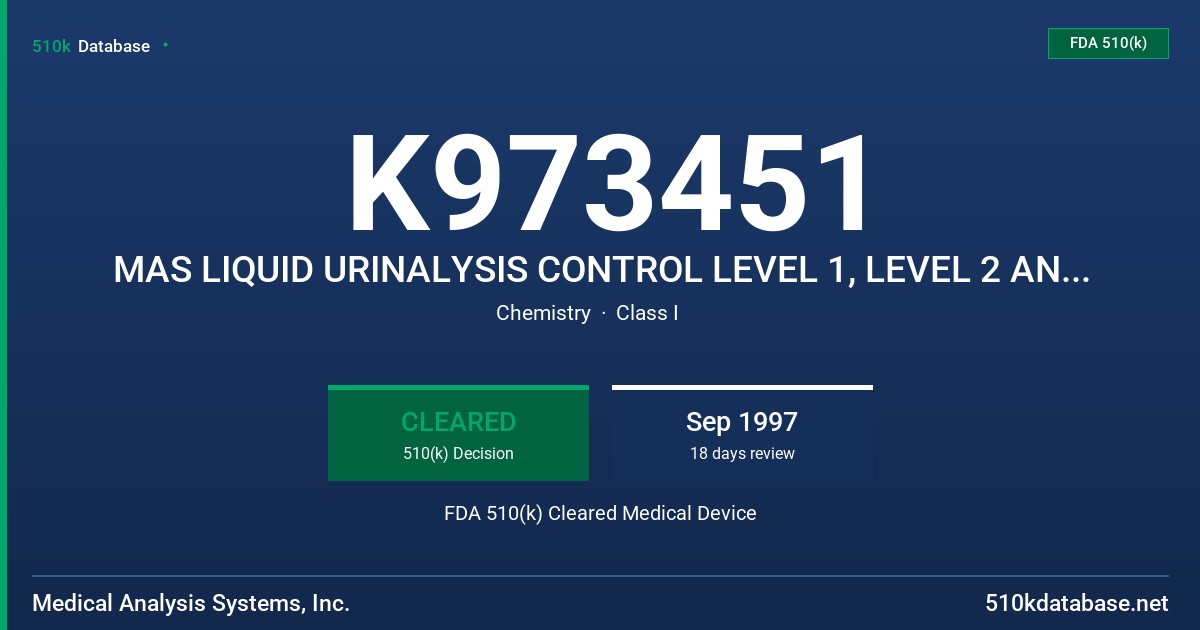 K973451 MAS LIQUID URINALYSIS CONTROL LEVEL 1, LEVEL 2 AND LEVEL 3 FDA 510(k) Cleared Medical Device