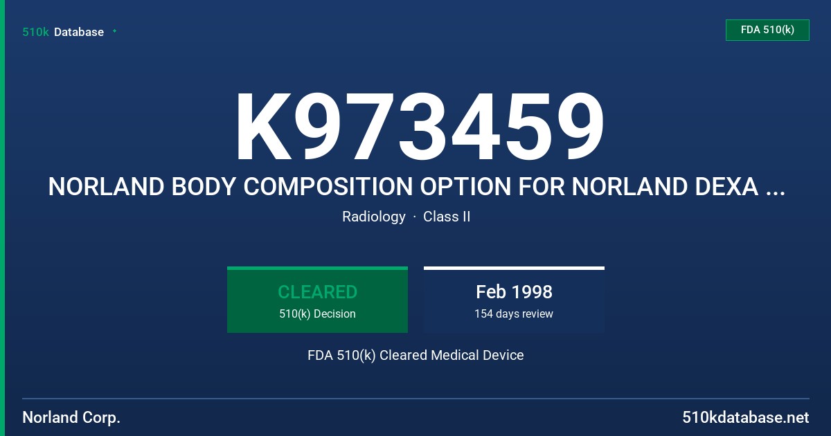 K973459 NORLAND BODY COMPOSITION OPTION FOR NORLAND DEXA BONE DENSITOMETERS FDA 510(k) Cleared Medical Device