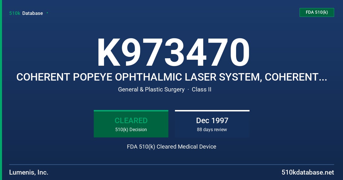 K973470 COHERENT POPEYE OPHTHALMIC LASER SYSTEM, COHERENT POPEYE OPHTHALMIC LASER SYSTEM IN COMBINATION WITH THE COHERENT ARGONS FDA 510(k) Cleared Medical Device