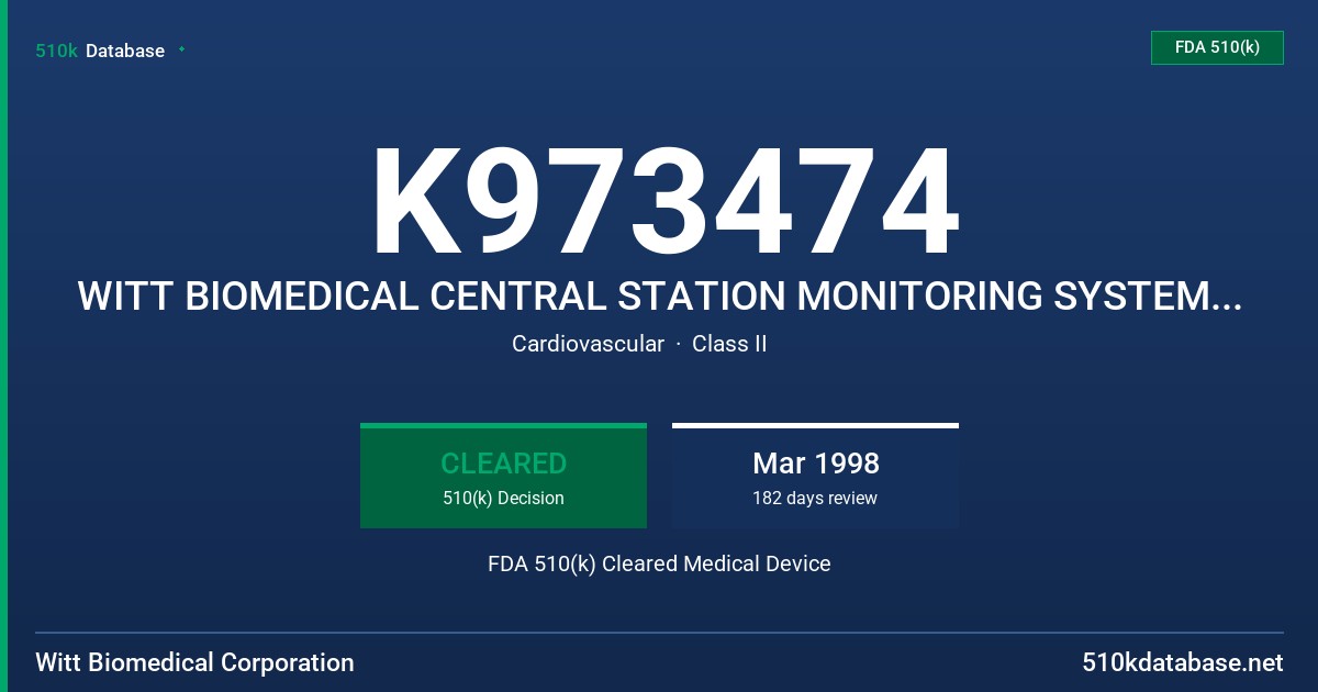 K973474 WITT BIOMEDICAL CENTRAL STATION MONITORING SYSTEM AND WITT BIOMEDICAL ADVANCED PATIENT CARE MONITORING UNITS FDA 510(k) Cleared Medical Device