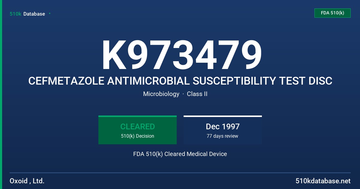 K973479 CEFMETAZOLE ANTIMICROBIAL SUSCEPTIBILITY TEST DISC FDA 510(k) Cleared Medical Device