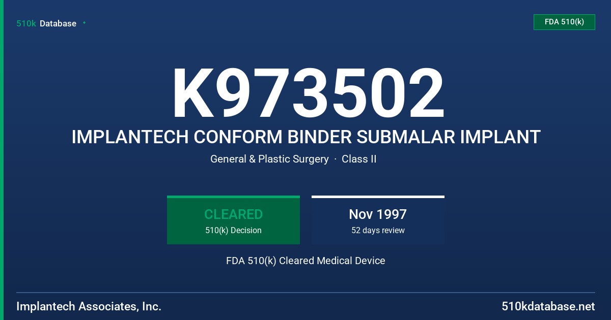 K973502 IMPLANTECH CONFORM BINDER SUBMALAR IMPLANT FDA 510(k) Cleared Medical Device