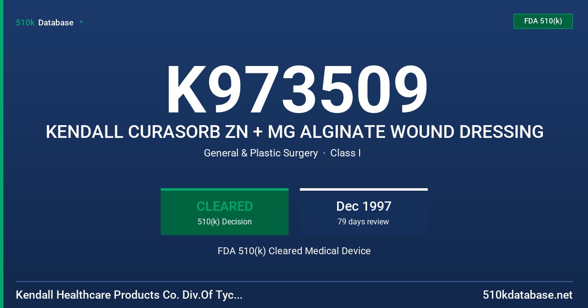 K973509 KENDALL CURASORB ZN + MG ALGINATE WOUND DRESSING FDA 510(k) Cleared Medical Device