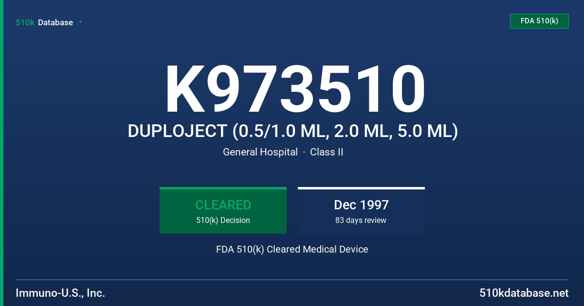 K973510 DUPLOJECT (0.5/1.0 ML, 2.0 ML, 5.0 ML) FDA 510(k) Cleared Medical Device