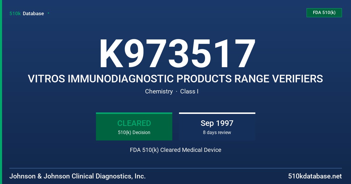 K973517 VITROS IMMUNODIAGNOSTIC PRODUCTS RANGE VERIFIERS FDA 510(k) Cleared Medical Device