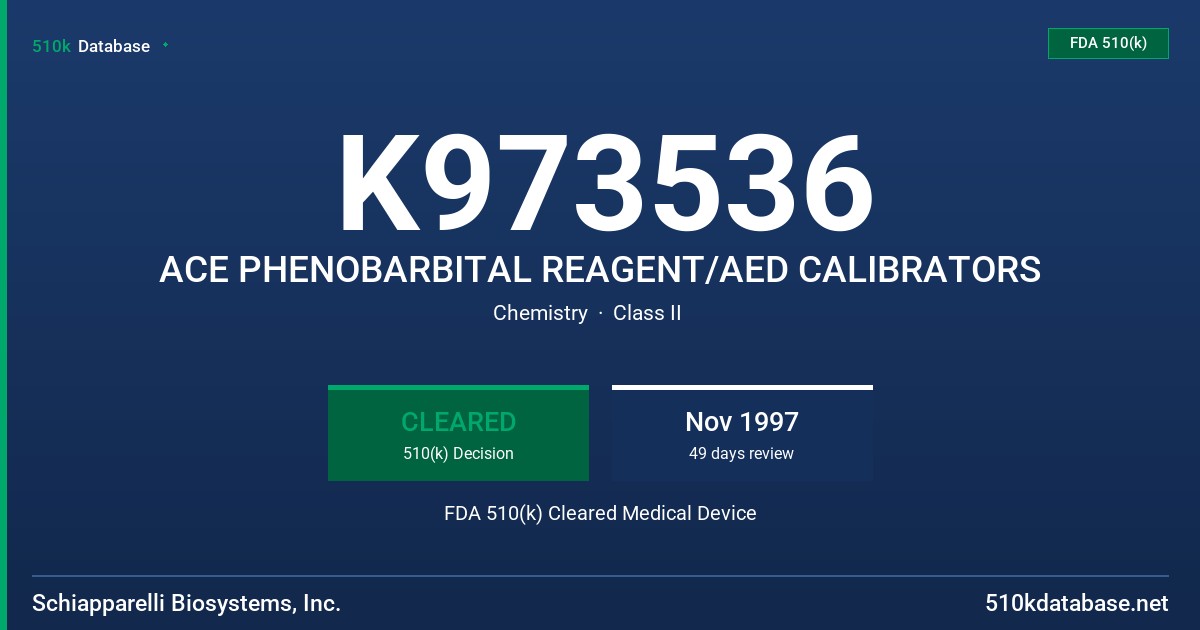 K973536 ACE PHENOBARBITAL REAGENT/AED CALIBRATORS FDA 510(k) Cleared Medical Device