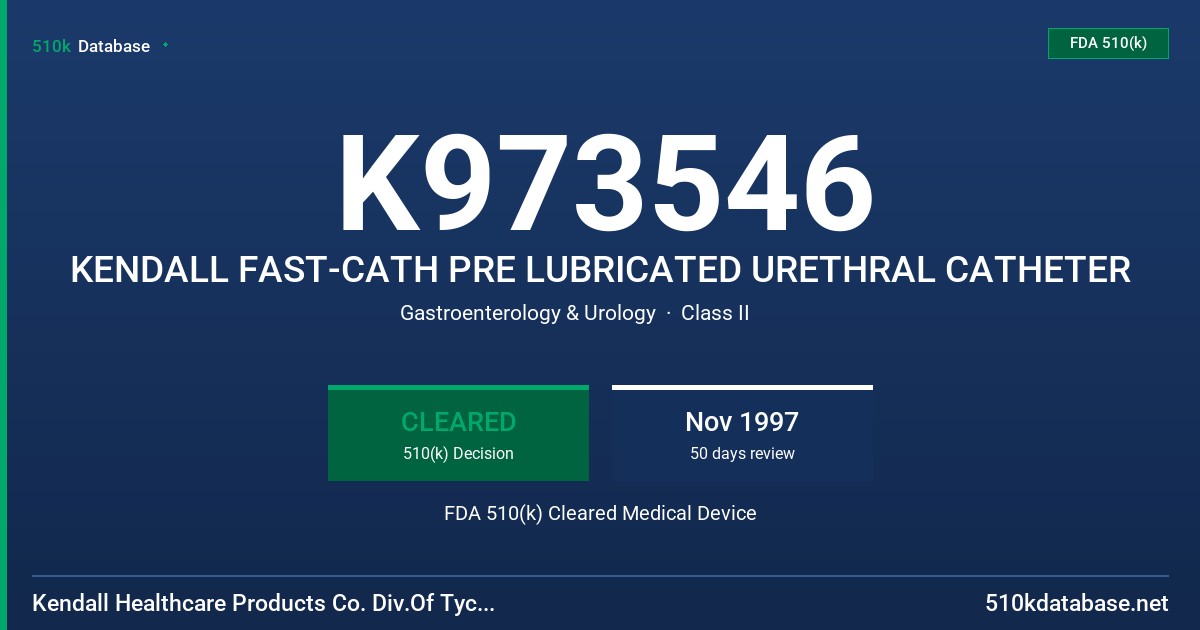K973546 KENDALL FAST-CATH PRE LUBRICATED URETHRAL CATHETER FDA 510(k) Cleared Medical Device