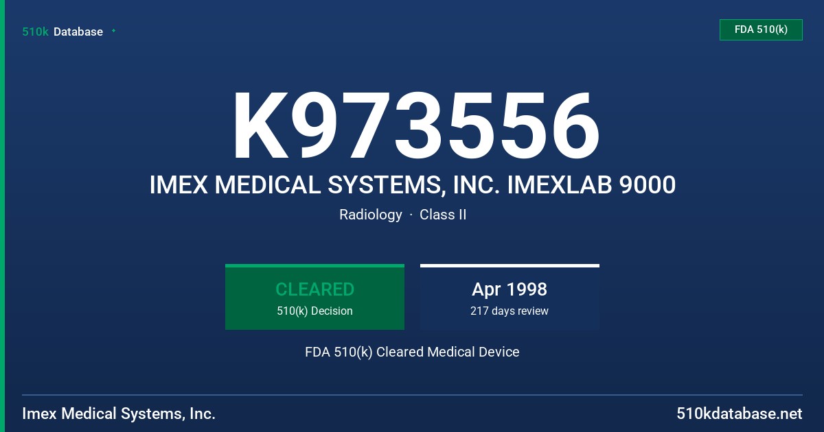 K973556 IMEX MEDICAL SYSTEMS, INC. IMEXLAB 9000 FDA 510(k) Cleared Medical Device