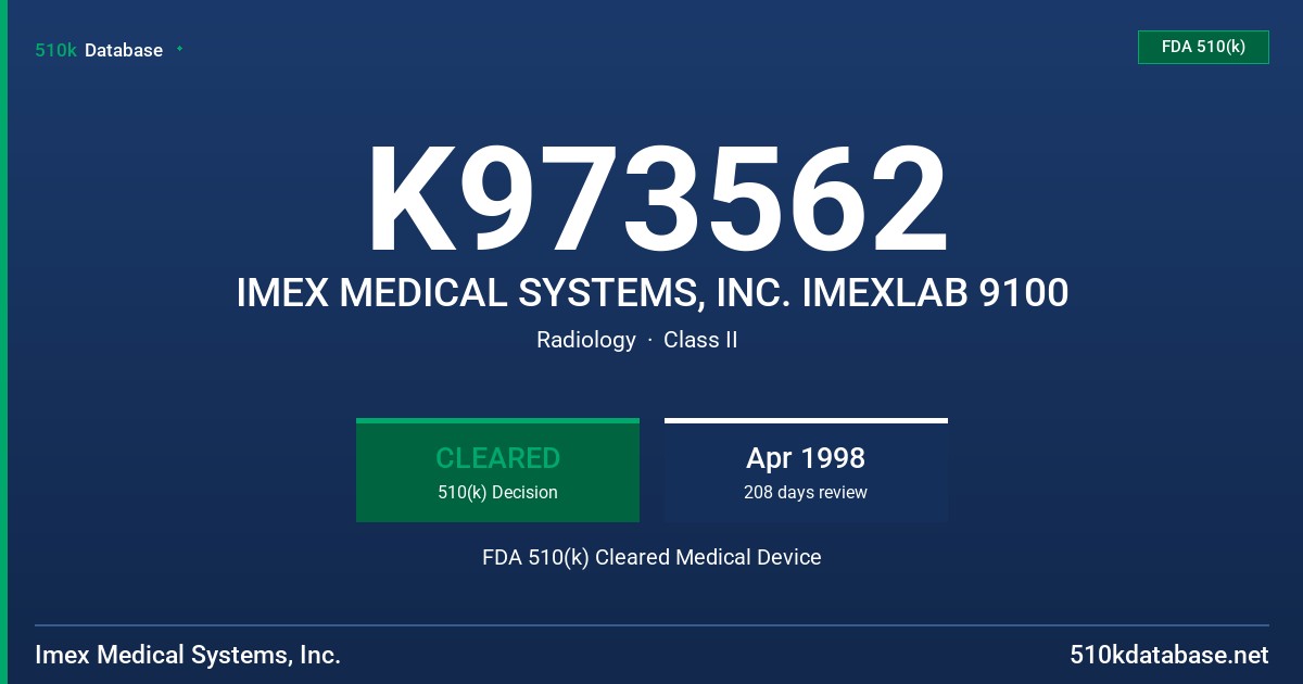 K973562 IMEX MEDICAL SYSTEMS, INC. IMEXLAB 9100 FDA 510(k) Cleared Medical Device