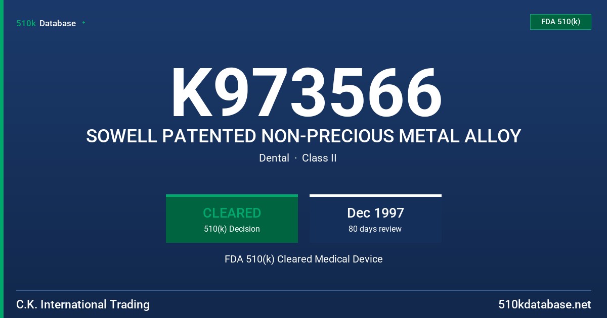 K973566 SOWELL PATENTED NON-PRECIOUS METAL ALLOY FDA 510(k) Cleared Medical Device