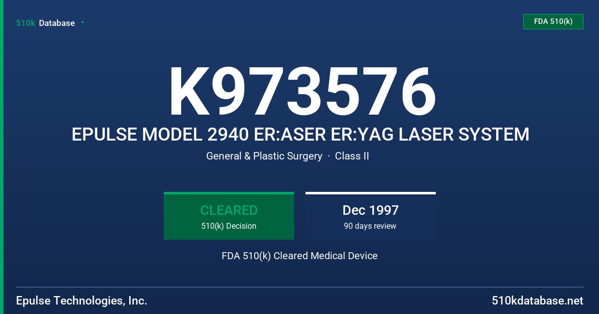 K973576 EPULSE MODEL 2940 ER:ASER ER:YAG LASER SYSTEM FDA 510(k) Cleared Medical Device