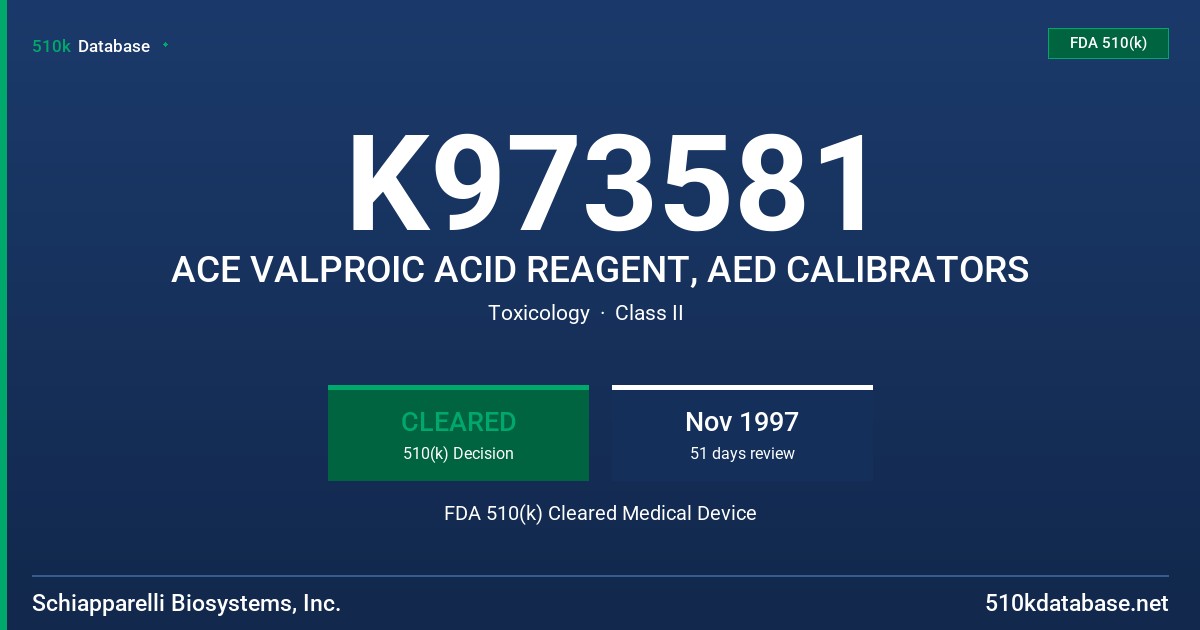 K973581 ACE VALPROIC ACID REAGENT, AED CALIBRATORS FDA 510(k) Cleared Medical Device