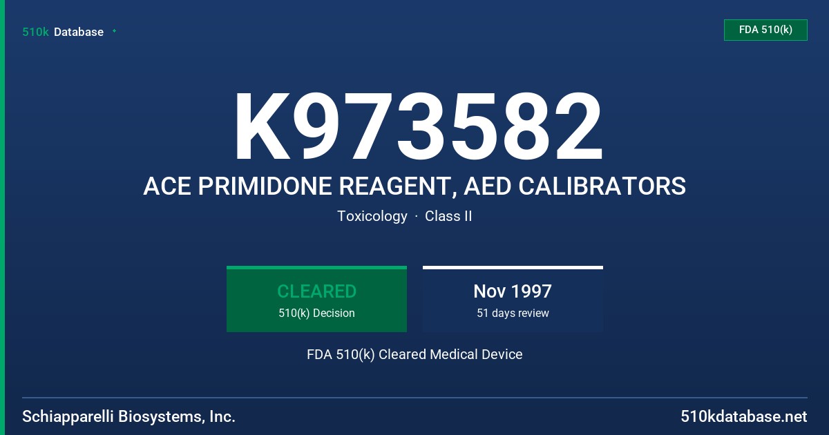 K973582 ACE PRIMIDONE REAGENT, AED CALIBRATORS FDA 510(k) Cleared Medical Device