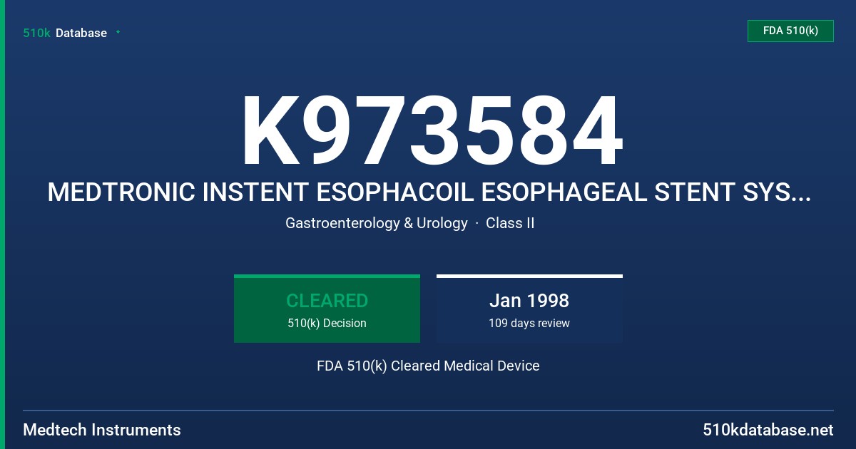 K973584 MEDTRONIC INSTENT ESOPHACOIL ESOPHAGEAL STENT SYSTEM AND ESOPHACOIL EXTENSION SYSTEM FDA 510(k) Cleared Medical Device