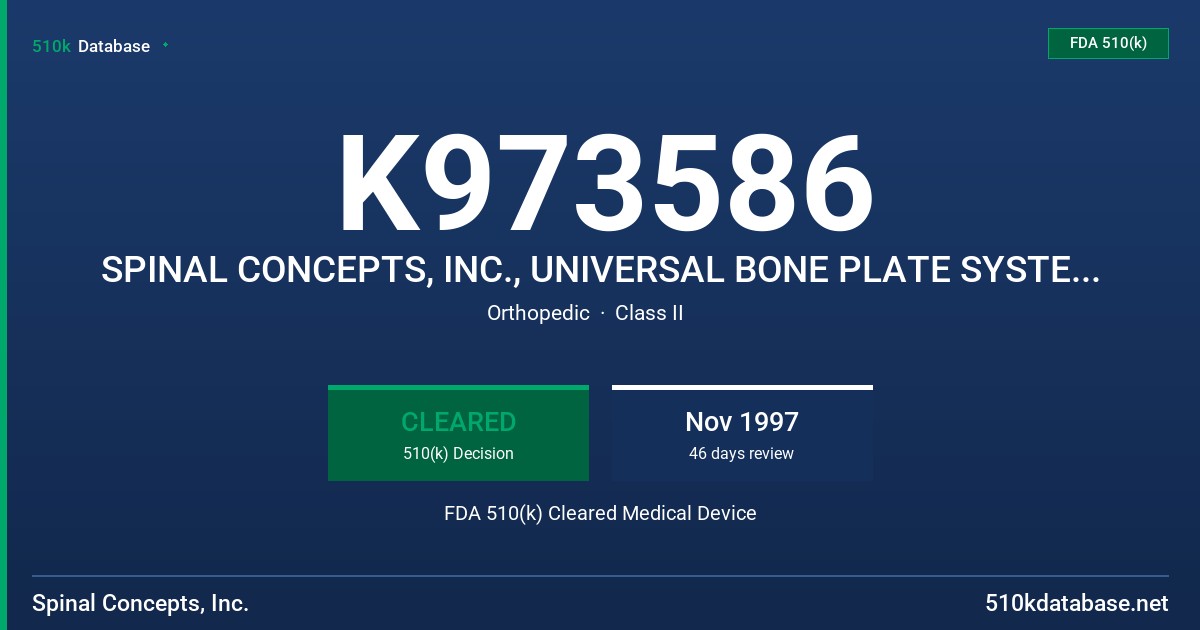 K973586 SPINAL CONCEPTS, INC., UNIVERSAL BONE PLATE SYSTEM II FDA 510(k) Cleared Medical Device