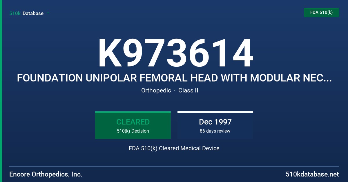 K973614 FOUNDATION UNIPOLAR FEMORAL HEAD WITH MODULAR NECK LENGTH SLEEVES FDA 510(k) Cleared Medical Device