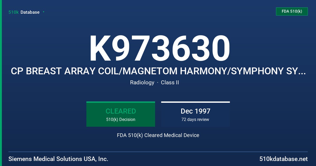 K973630 CP BREAST ARRAY COIL/MAGNETOM HARMONY/SYMPHONY SYSTEM FDA 510(k) Cleared Medical Device