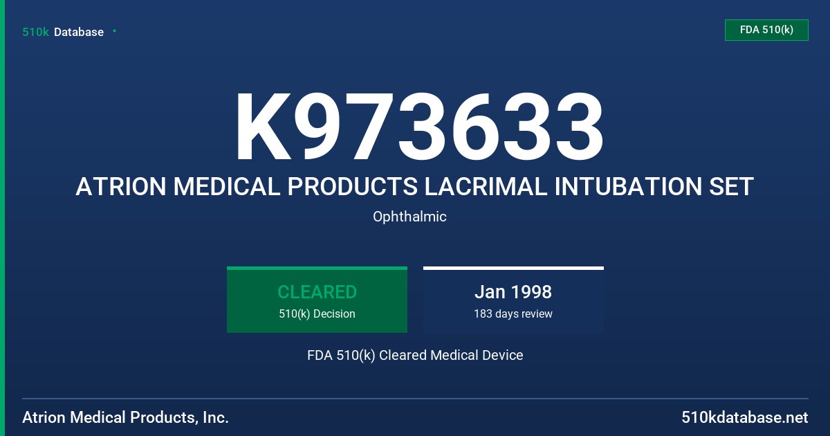 K973633 ATRION MEDICAL PRODUCTS LACRIMAL INTUBATION SET FDA 510(k) Cleared Medical Device