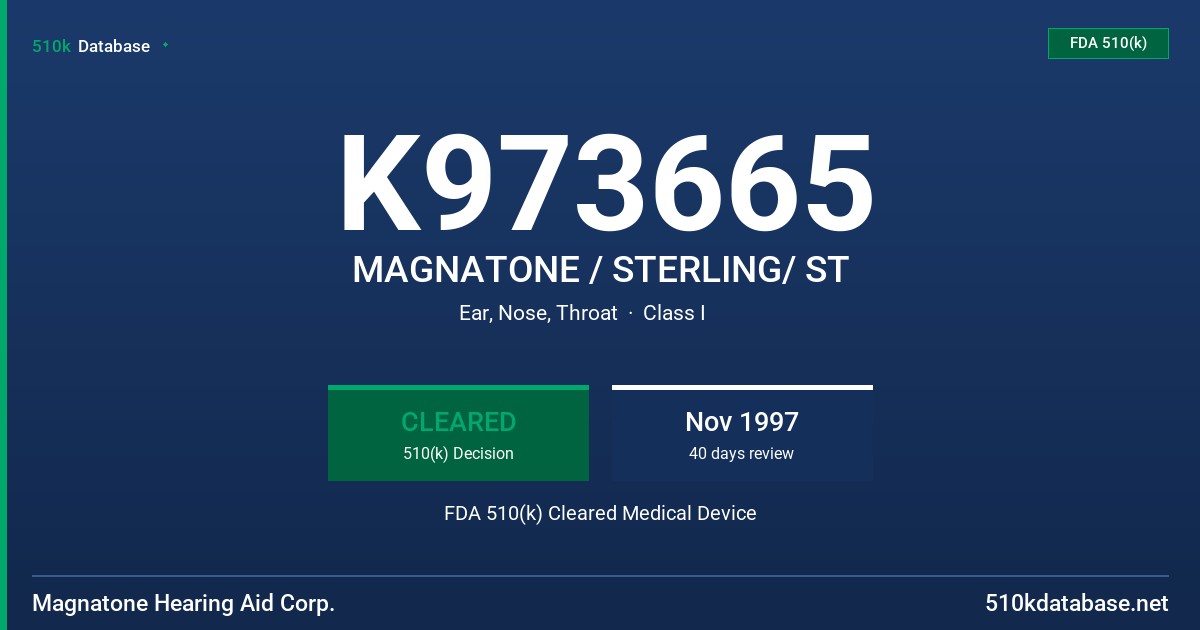 K973665 MAGNATONE / STERLING/ ST FDA 510(k) Cleared Medical Device