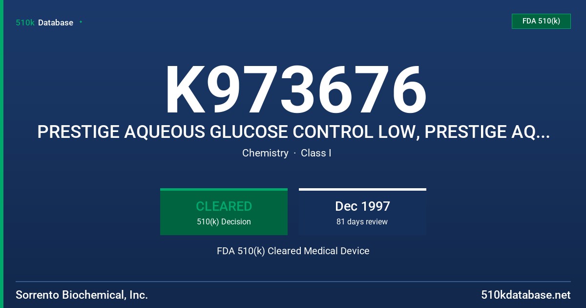 K973676 PRESTIGE AQUEOUS GLUCOSE CONTROL LOW, PRESTIGE AQUEOUS GLUCOSE CONTROL HIGH FDA 510(k) Cleared Medical Device