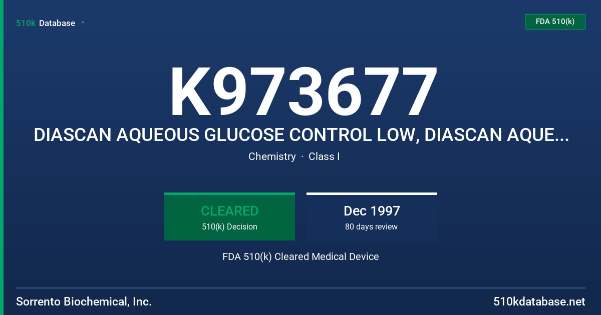 K973677 DIASCAN AQUEOUS GLUCOSE CONTROL LOW, DIASCAN AQUEOUS GLUCOSE CONTROL HIGH FDA 510(k) Cleared Medical Device