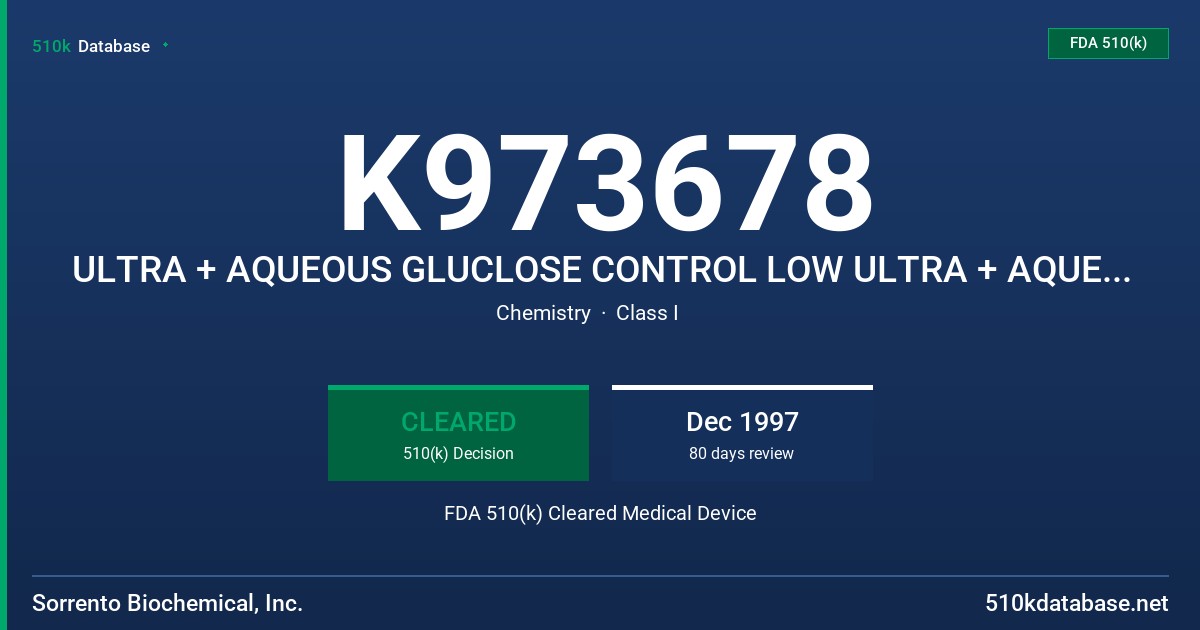 K973678 ULTRA + AQUEOUS GLUCLOSE CONTROL LOW ULTRA + AQUEOUS GLUCOSE CONTROL HIGH FDA 510(k) Cleared Medical Device