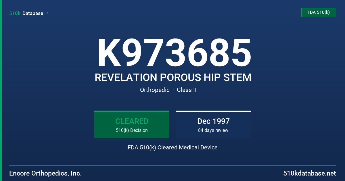 K973685 REVELATION POROUS HIP STEM FDA 510(k) Cleared Medical Device