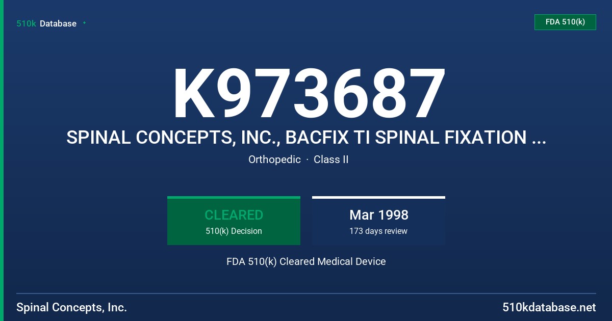 K973687 SPINAL CONCEPTS, INC., BACFIX TI SPINAL FIXATION SYSTEM FDA 510(k) Cleared Medical Device