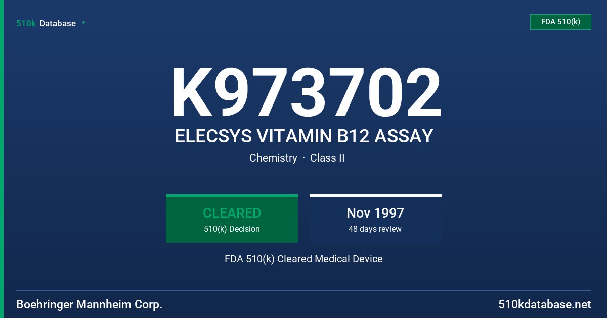 K973702 ELECSYS VITAMIN B12 ASSAY FDA 510(k) Cleared Medical Device