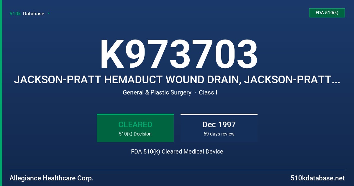 K973703 JACKSON-PRATT HEMADUCT WOUND DRAIN, JACKSON-PRATT GOLD HEMADUCT WOUND DRAIN FDA 510(k) Cleared Medical Device