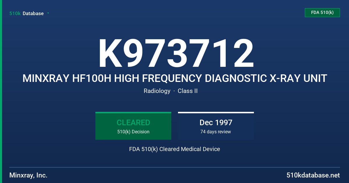 K973712 MINXRAY HF100H HIGH FREQUENCY DIAGNOSTIC X-RAY UNIT FDA 510(k) Cleared Medical Device