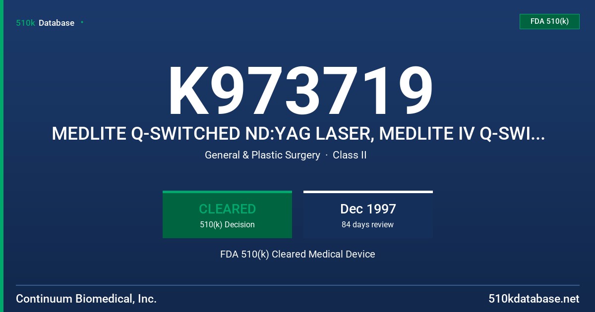 K973719 MEDLITE Q-SWITCHED ND:YAG LASER, MEDLITE IV Q-SWITCHED ND:YAG LASER FDA 510(k) Cleared Medical Device