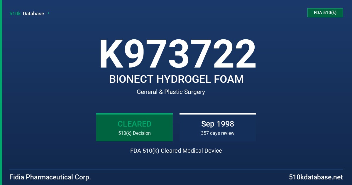 K973722 BIONECT HYDROGEL FOAM FDA 510(k) Cleared Medical Device