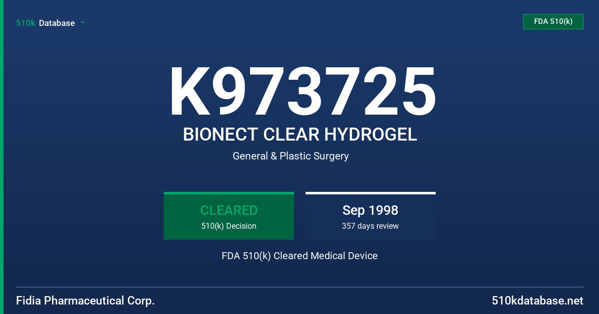 K973725 BIONECT CLEAR HYDROGEL FDA 510(k) Cleared Medical Device