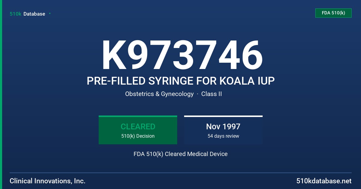 K973746 PRE-FILLED SYRINGE FOR KOALA IUP FDA 510(k) Cleared Medical Device
