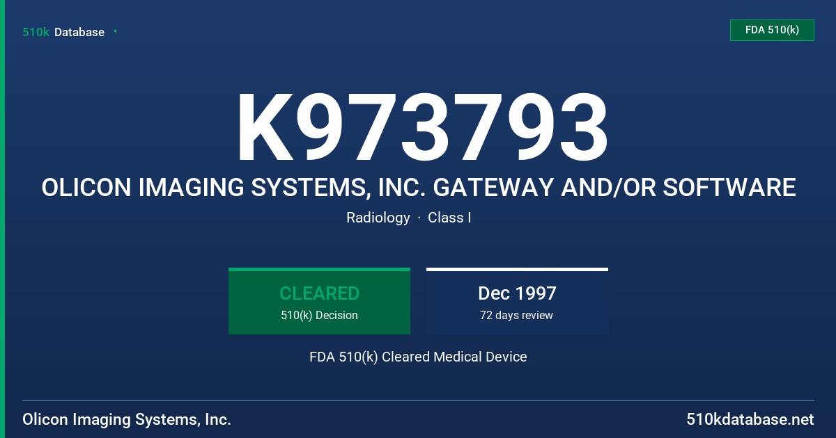K973793 OLICON IMAGING SYSTEMS, INC. GATEWAY AND/OR SOFTWARE FDA 510(k) Cleared Medical Device