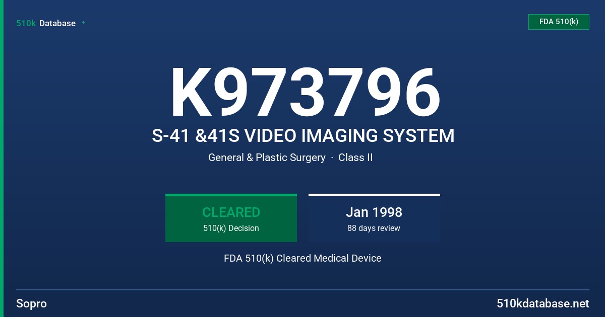 K973796 S-41 &41S VIDEO IMAGING SYSTEM FDA 510(k) Cleared Medical Device