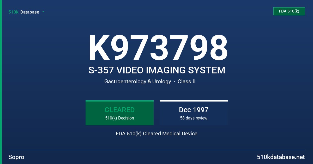 K973798 S-357 VIDEO IMAGING SYSTEM FDA 510(k) Cleared Medical Device