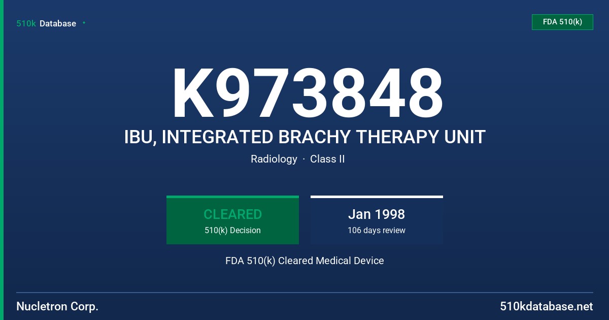 K973848 IBU, INTEGRATED BRACHY THERAPY UNIT FDA 510(k) Cleared Medical Device