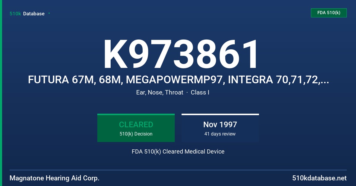 K973861 FUTURA 67M, 68M, MEGAPOWERMP97, INTEGRA 70,71,72,73, SUPRA 51,52, SUPRA 56,57,58,59, SUPREMA 45, 46, 47,48 FDA 510(k) Cleared Medical Device