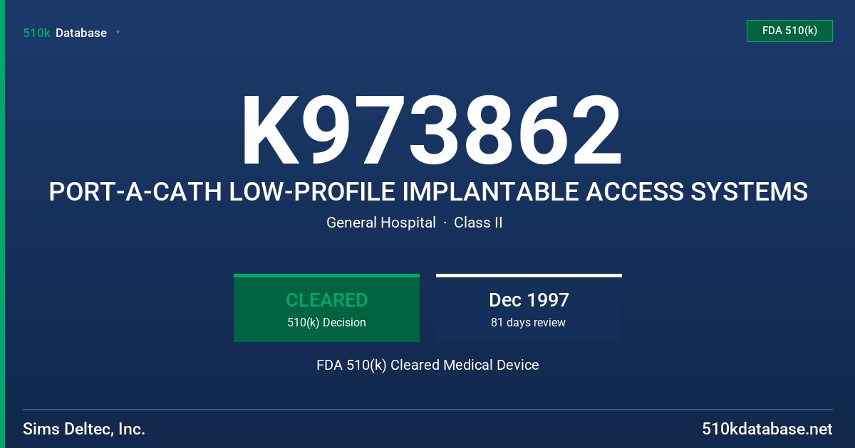 K973862 PORT-A-CATH LOW-PROFILE IMPLANTABLE ACCESS SYSTEMS FDA 510(k) Cleared Medical Device