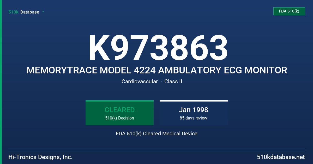 K973863 MEMORYTRACE MODEL 4224 AMBULATORY ECG MONITOR FDA 510(k) Cleared Medical Device
