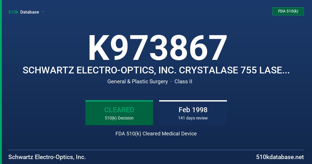 K973867 SCHWARTZ ELECTRO-OPTICS, INC. CRYSTALASE 755 LASER SYSTEM FDA 510(k) Cleared Medical Device