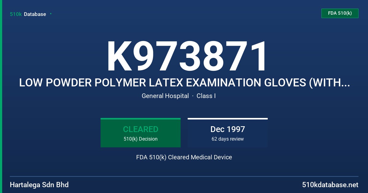 K973871 LOW POWDER POLYMER LATEX EXAMINATION GLOVES (WITH PROTEIN LABELING CLAIM) FDA 510(k) Cleared Medical Device