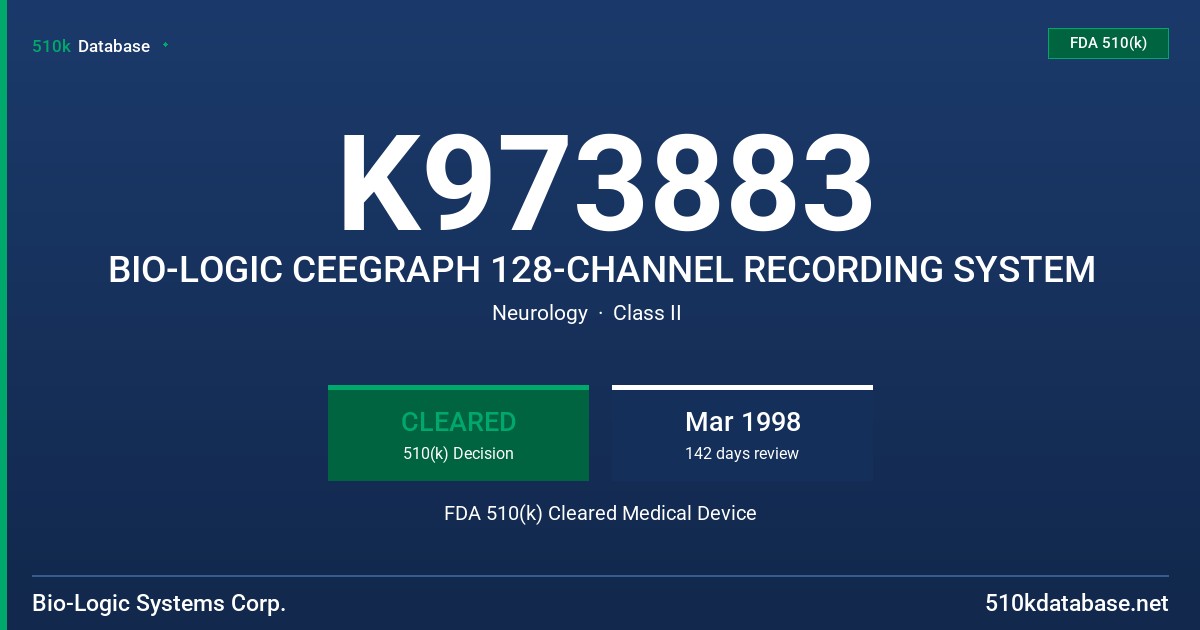 K973883 BIO-LOGIC CEEGRAPH 128-CHANNEL RECORDING SYSTEM FDA 510(k) Cleared Medical Device